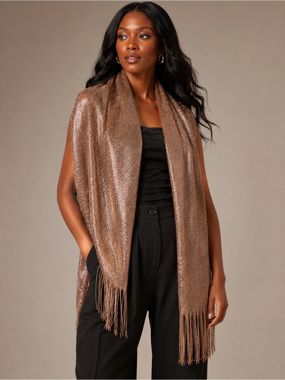 Rose Gold Metallic Mesh Wrap Scarf Fringe Evening Shawl 82”